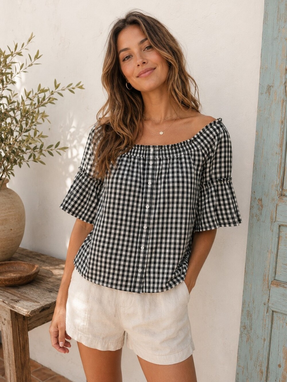 Abercrombie & Fitch Top Women’s S Black White Gingham Off Shoulder Bell Sleeve